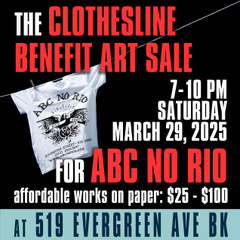 Digital Flyer for Clothesline Benefit Art Sale depicting a t-shirt on a clothesline with the details of the show aligned around the graphic.