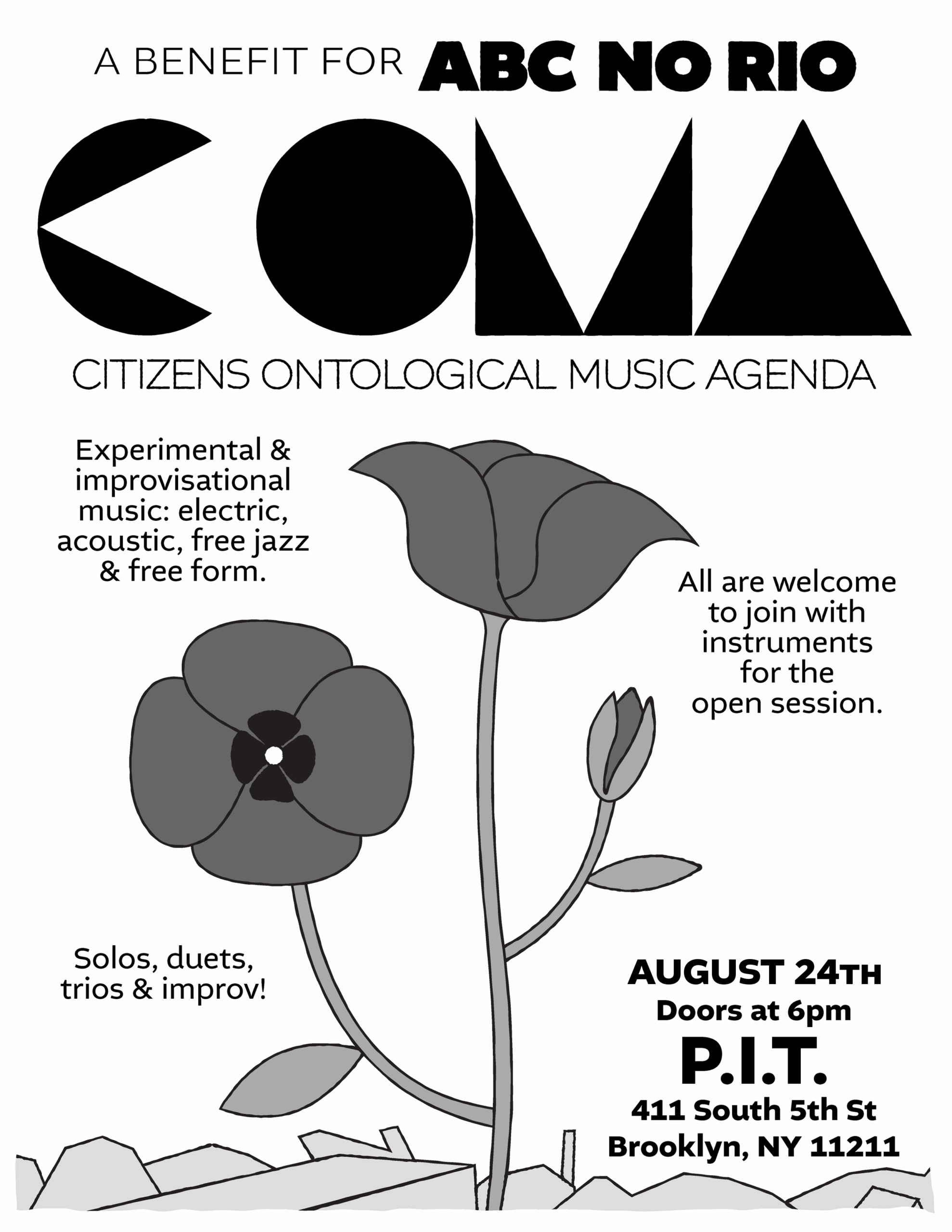 Black and white illustration showing two flowering poppies. Black and white text interspersed through out showing details for the music event.