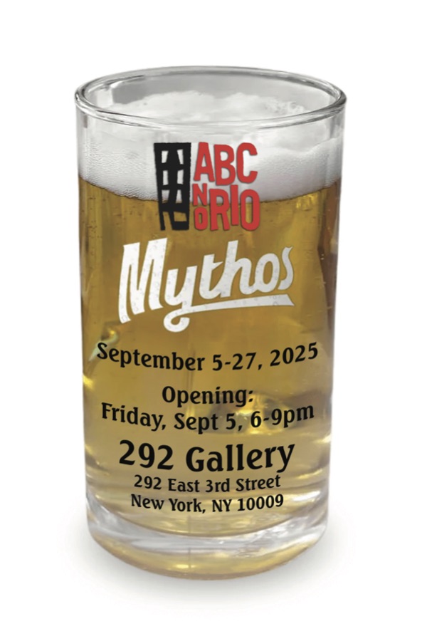 a pint glass of beer with the word Mythos and the details for the exhibition
