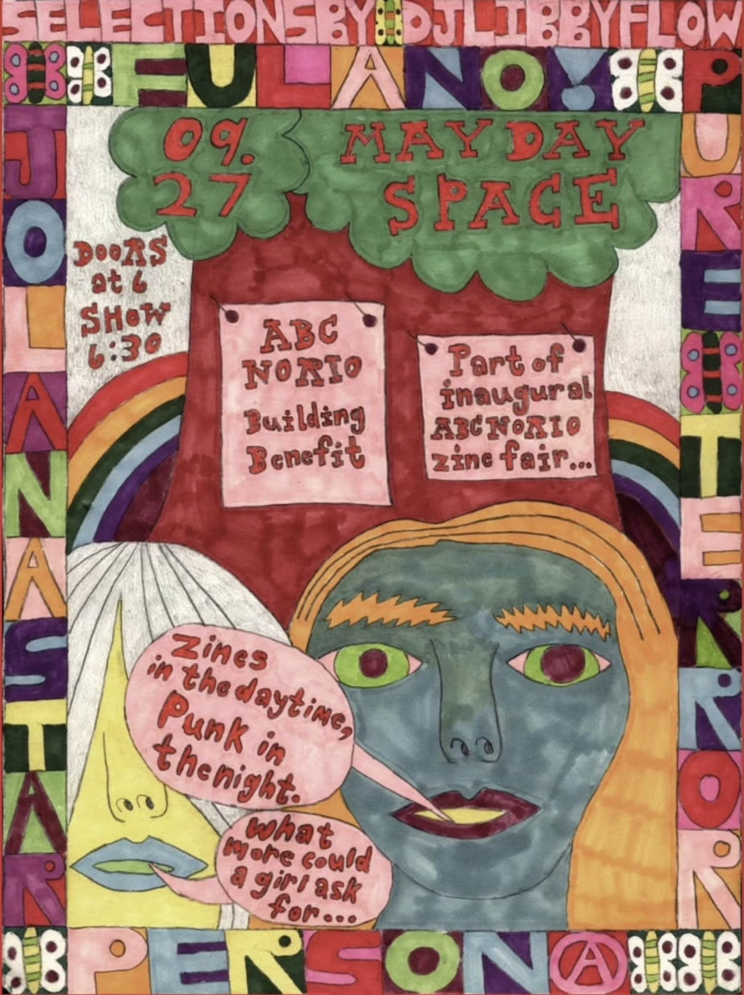 Colorful poster for a music concert depicting a grey hand-drawn fem with orange hair verbalizing their excitement for the show.