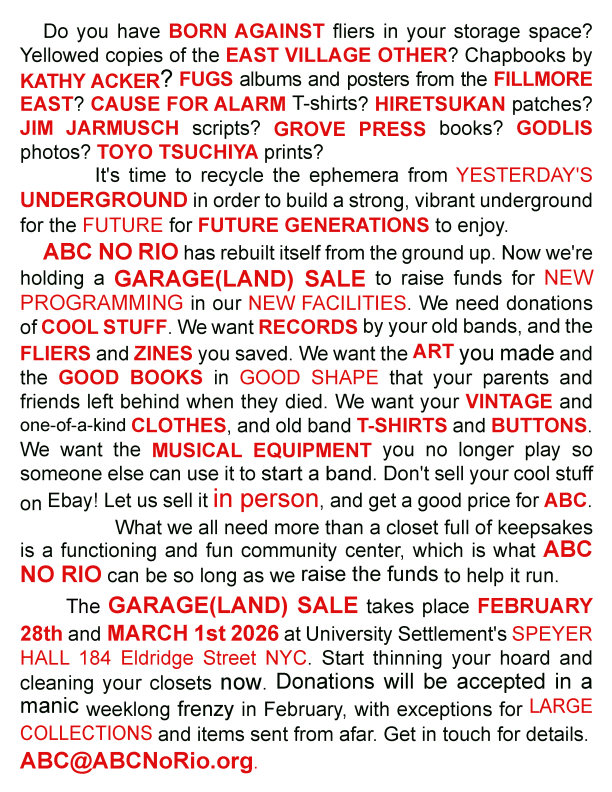 A large amount of text with some key word highlight in red and bold. The flyer is for a call for items for a fundraising garage sale.