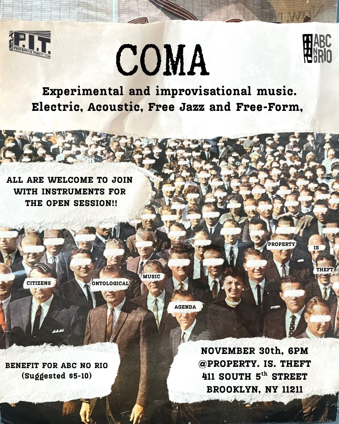 A collaged 1950s image of a large group of elderly men and women standing facing the camera. White strips cover all but one of their eyes. Tears of paper with details of the music event are stuck on top.