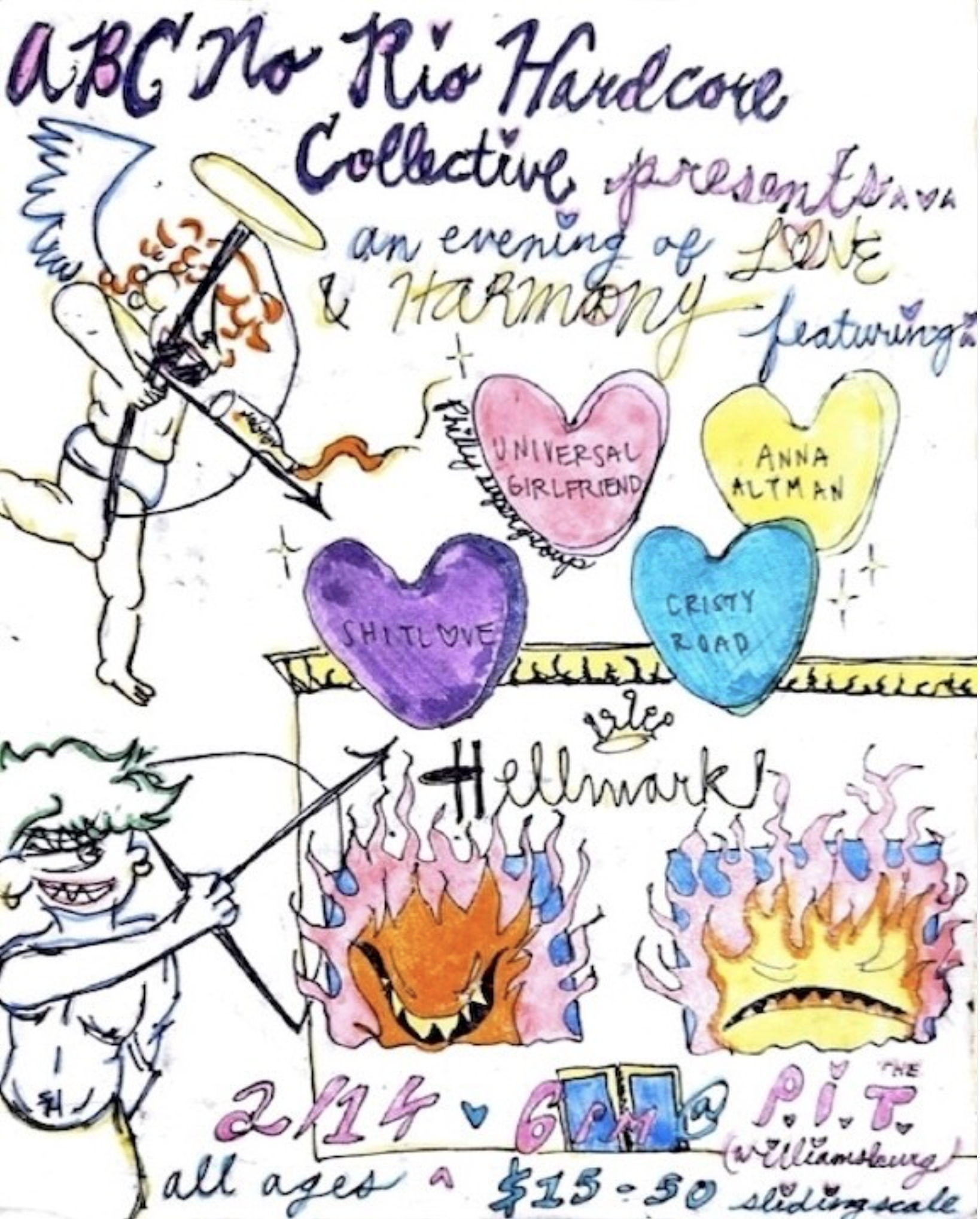 A colorful handrawn flier with pink, yellow, purple and blue hearts and cupids shooting arrows into them. The flier contains information of what bands and venue details for the Valentines Day themed concert.