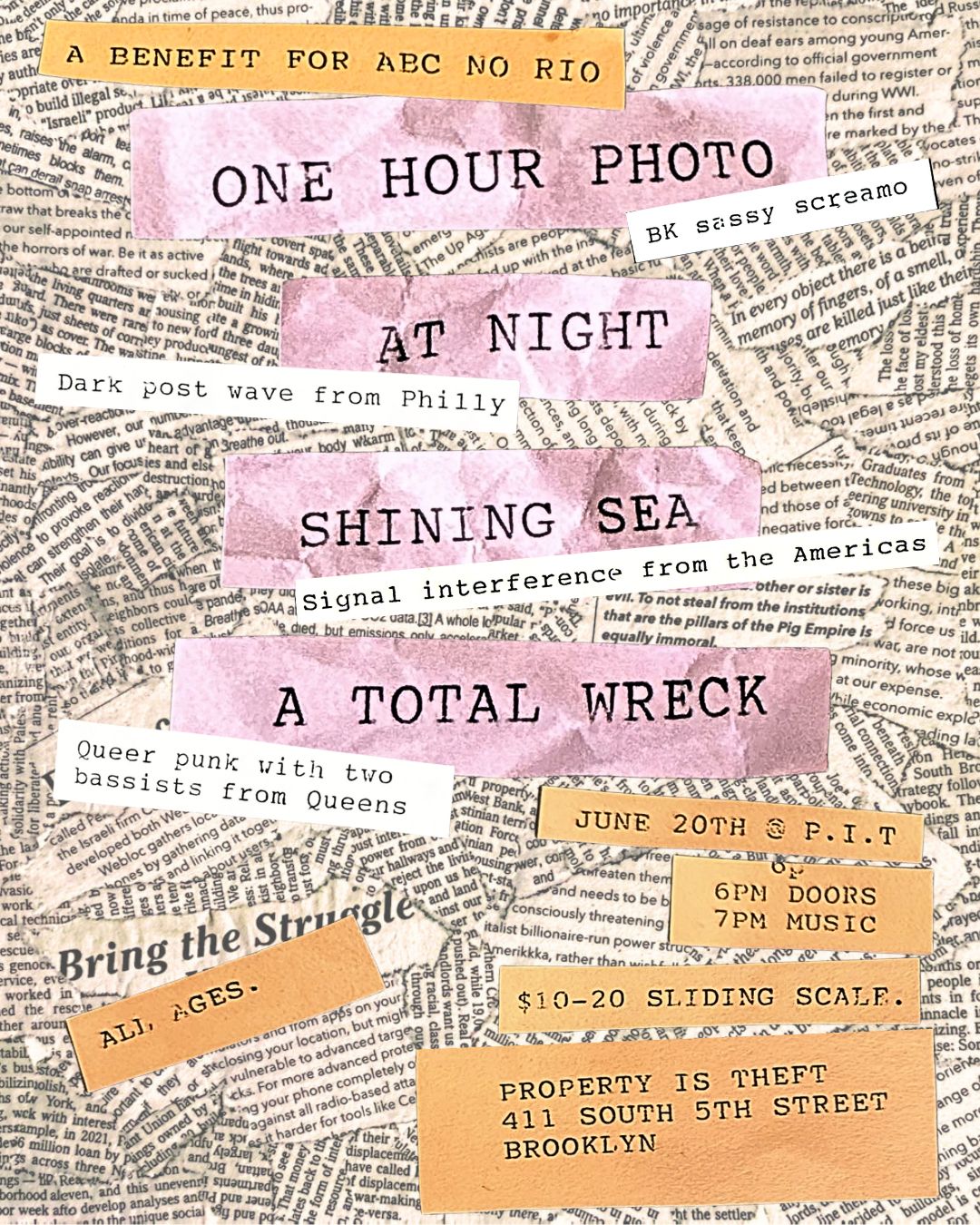 Music show flyer showing a background of collaged newspaper, with colorful pink and orange slips of paper with typewriter font on top showing which bands are playing and event details.