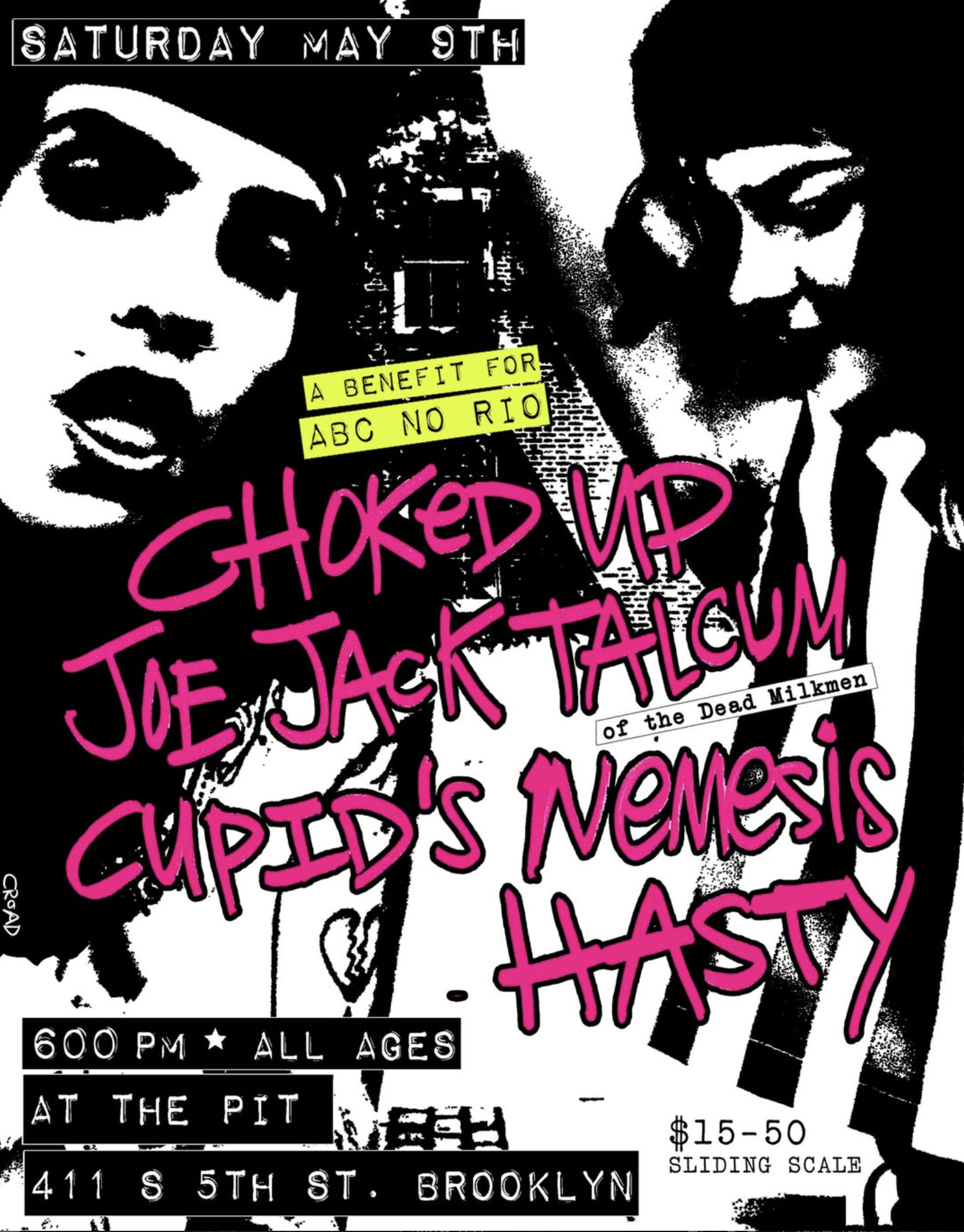 Poster for an ABC No Rio show displaying a black and white photograph of two people staring into the camera with hot pink names of the bands overlayed on top. Dates and details of the concert also at the bottom of the flyer.