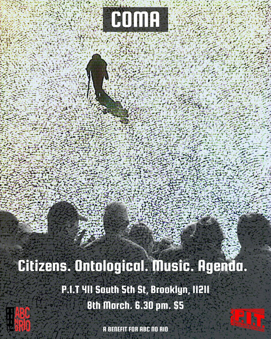 A collage featuring a photograph of a lone man walking on a cobbled street and a black and white silhouette of a crowd superimposed on top. Details for the music event written on top.