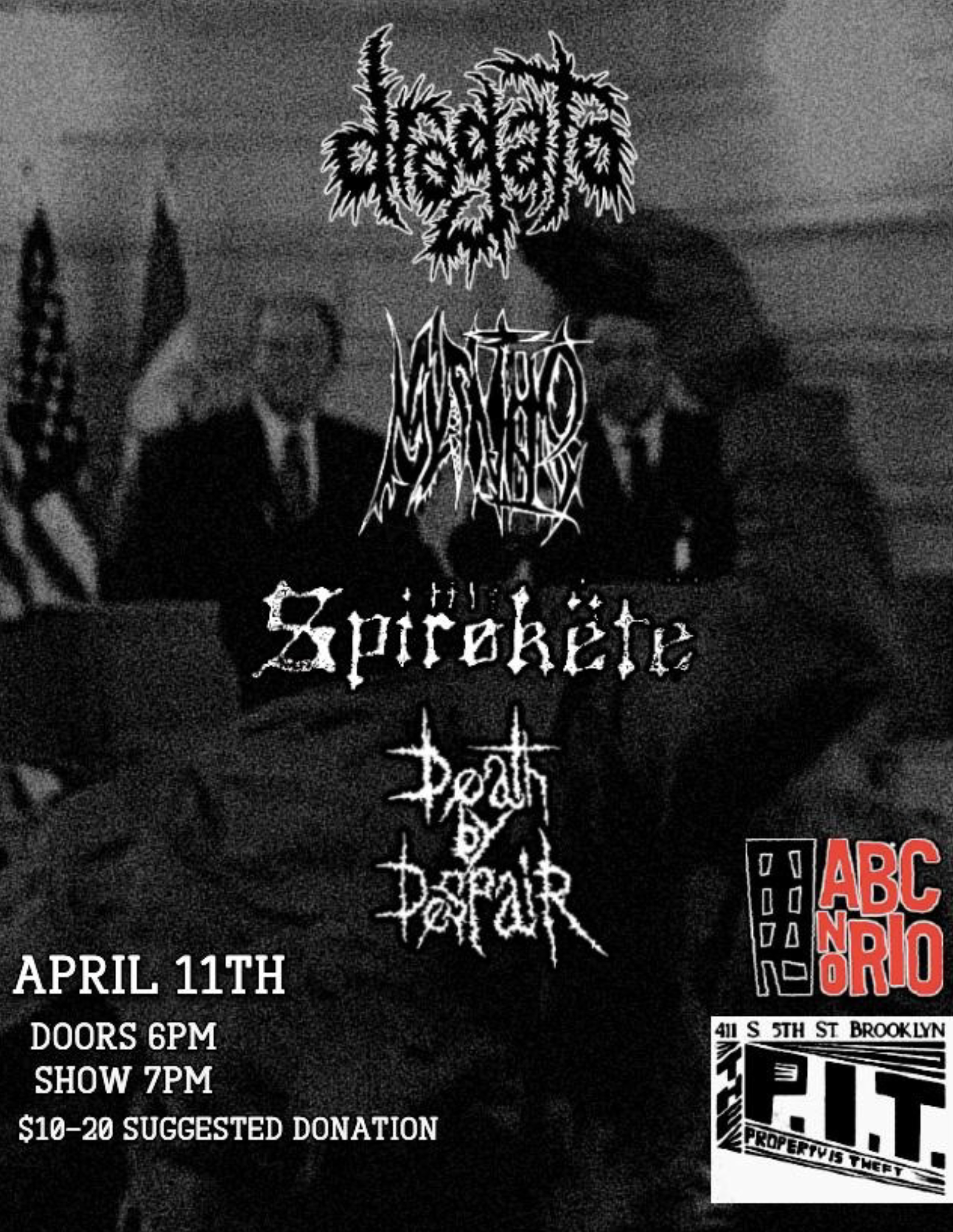 Dark black and white poster with a heavily pixelated and dark photograph of two politicians meeting with names of bands and their own fonts overlayed on top.