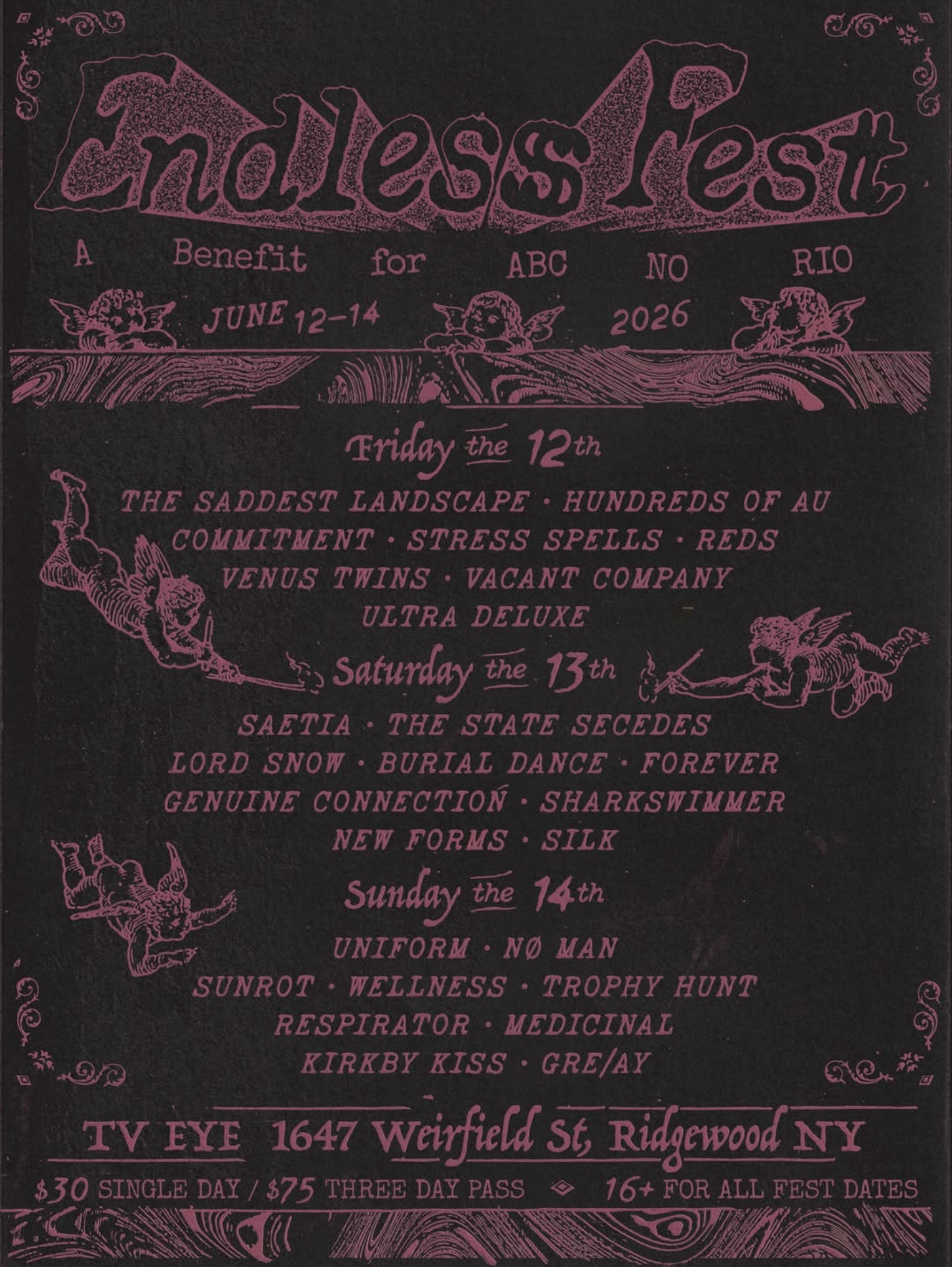 A black flyer with a heavily stylized pink gothic font stating the name of the music fest and all the names of the bands and organizers.