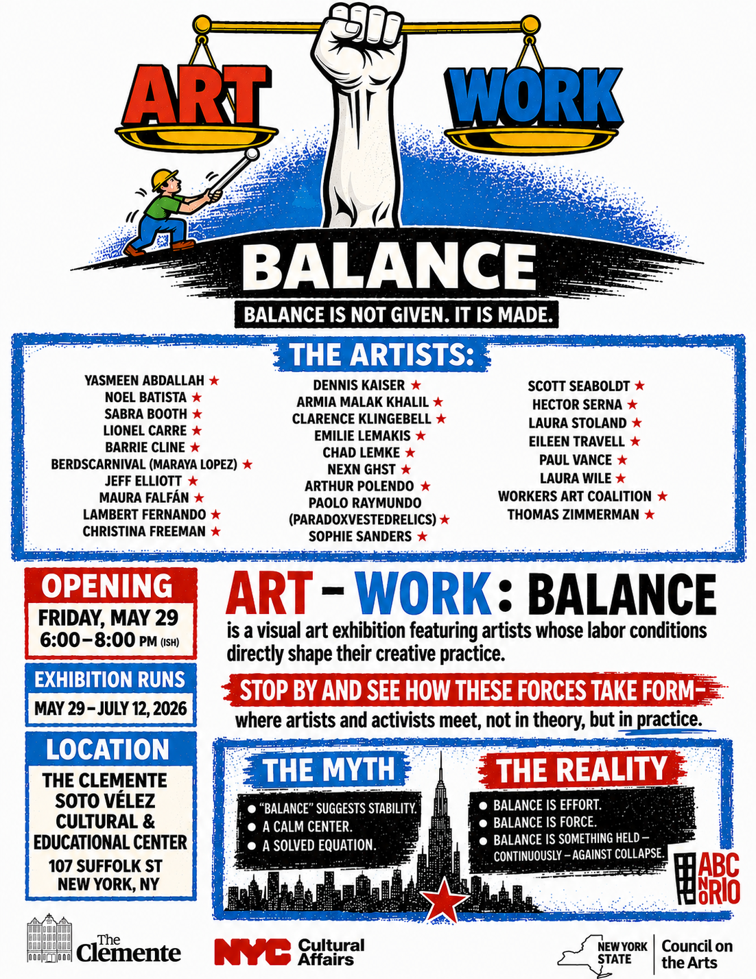 A flyer for an art show depicting cartoon white, red and blue cartoon graphic of an arm holding a scale balance, with the words 'Art' and 'Work' on each side of the scale. The flyer includes the artists involved and details about the philosophy of the curatorial statement of the exhibition.