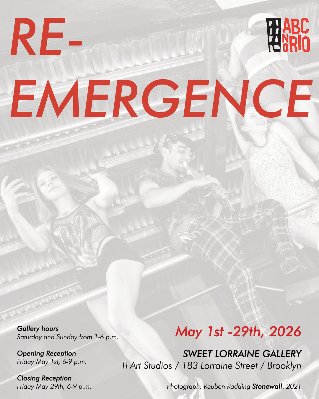 A photography exhibition flyer displaying a low contrast black and white photograph of a group of joyful and excited youths climbing a scaffolding shed in New York. On top of the photograph is the work 're-emergence' in red capital letters. Details of the exhibition's address and opening hours are in black at the bottom of the image.