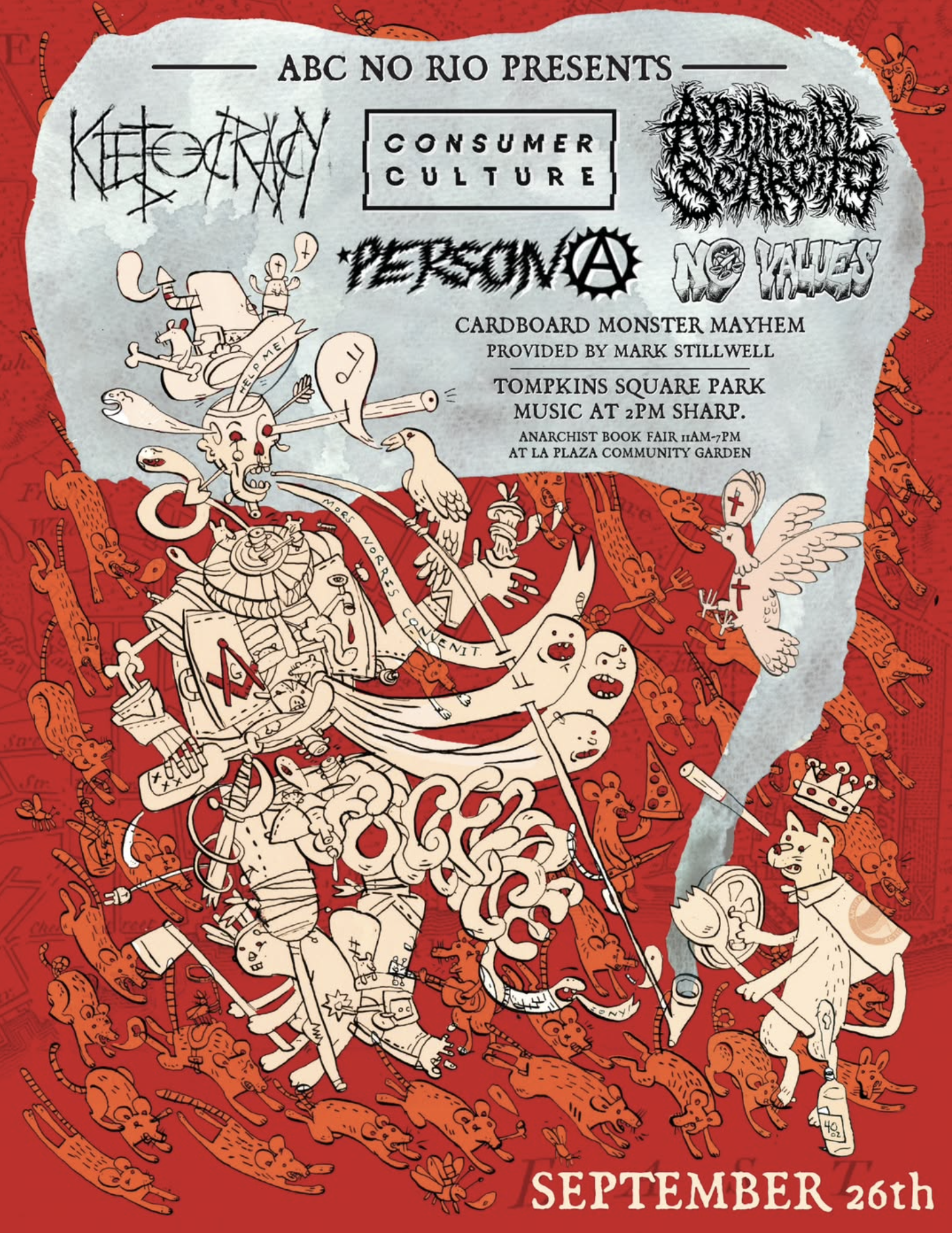 Bright red poster with a swarm of cartoon rats swarming a surreal interpretation of a knight. Details for event in white speech bubble.