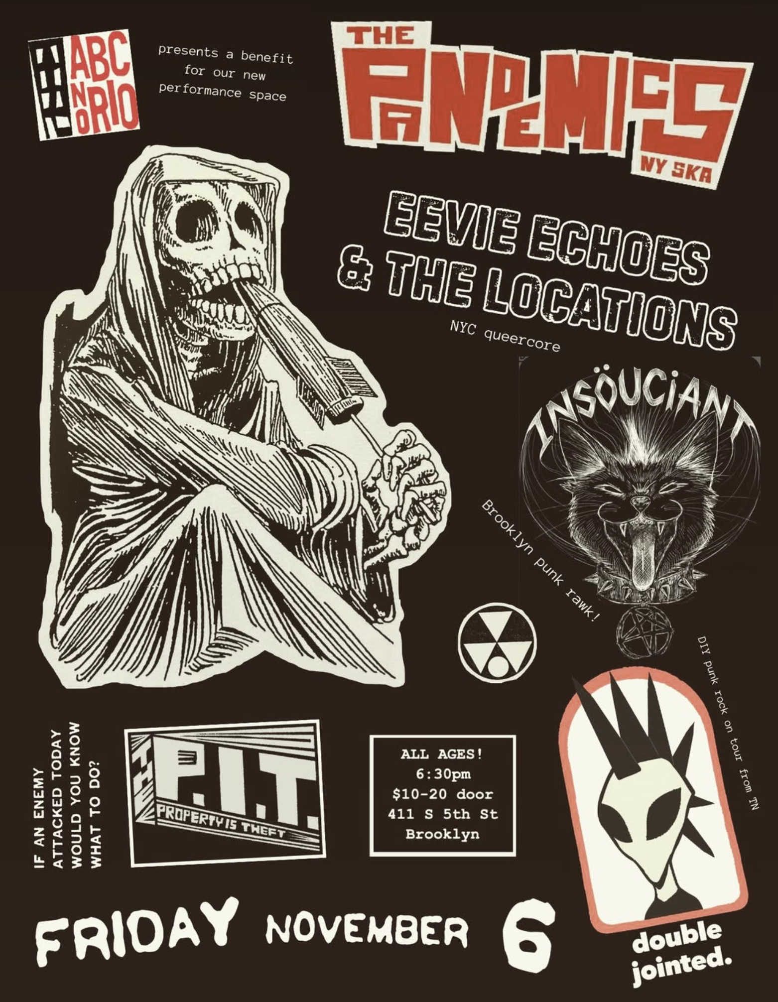 A black digital flyer with a cut and paste cartoon of the grim reaper playing a small flute. Bands and details of the concert on on the left hand side.